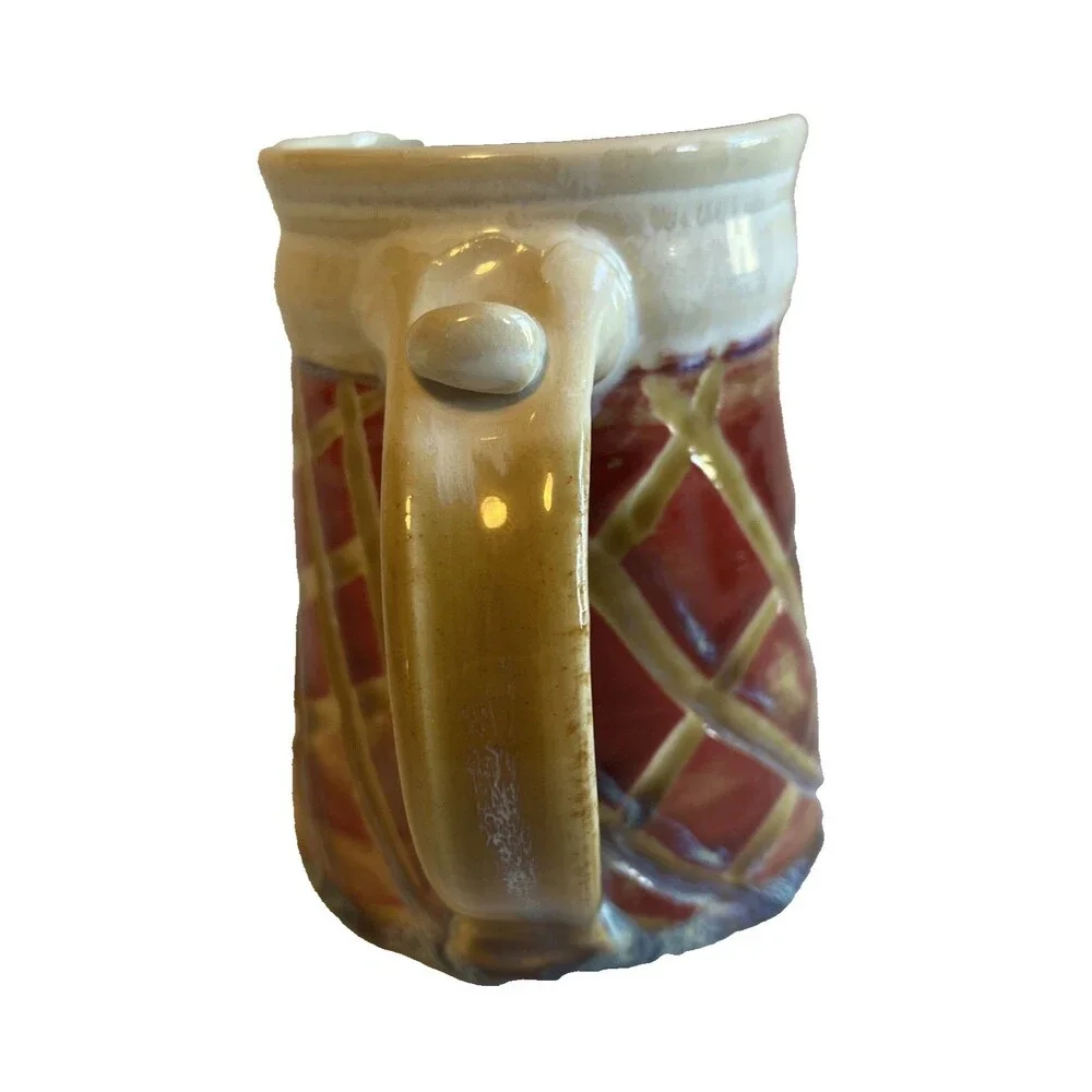 Stoneware Beer Tankard Coffee Mug Red Beige Check Pattern Art Pottery Signed